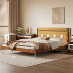 LUXORA 9901 Cloud Velvet 150cm Stainless Bed, - Wood Frame, Steel Wood Cherry Solid Accents, Larch Footboard Yellow