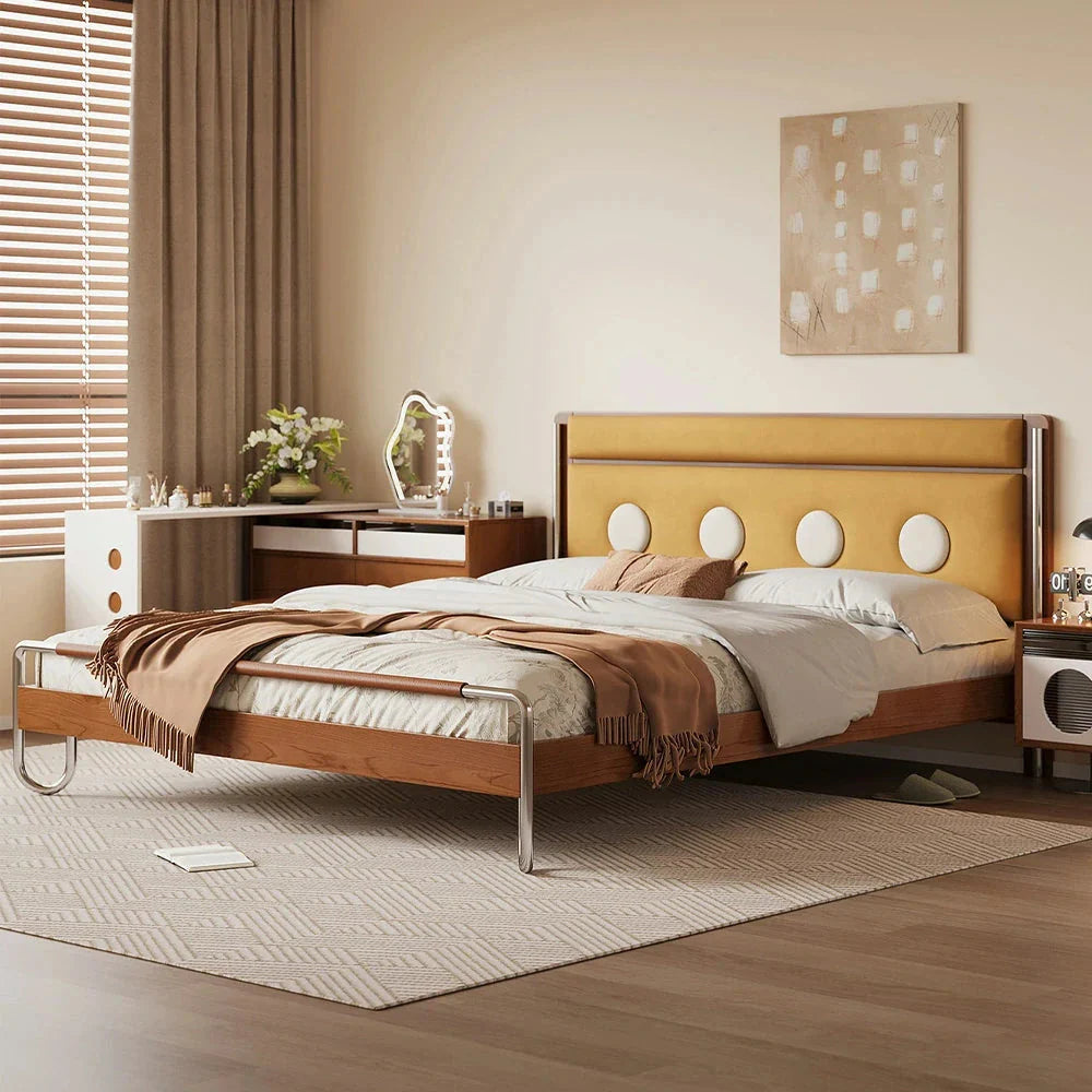 LUXORA 9901 Cloud Velvet 150cm Stainless Bed, - Wood Frame, Steel Wood Cherry Solid Accents, Larch Footboard Yellow