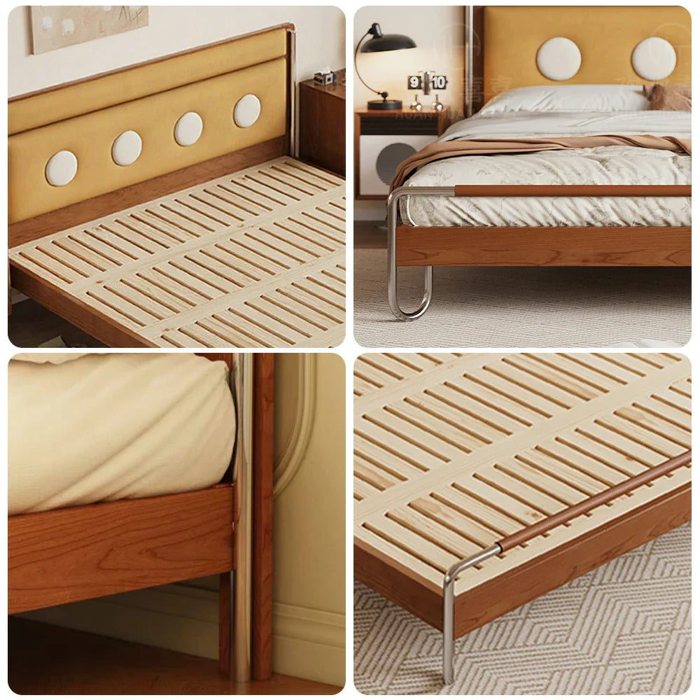 LUXORA 9901 Cloud Velvet 150cm Stainless Bed, - Wood Frame, Steel Wood Cherry Solid Accents, Larch Footboard Yellow