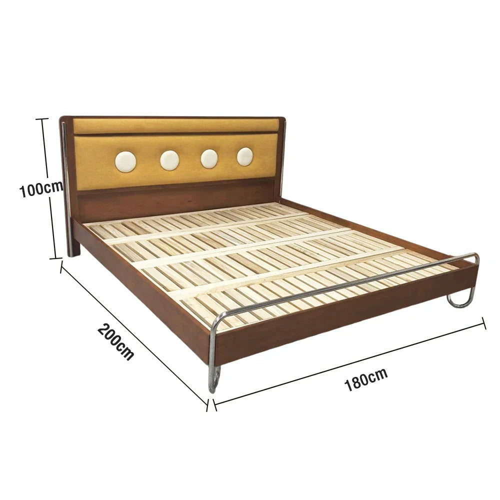 LUXORA 9901 Cloud Velvet 150cm Stainless Bed, - Wood Frame, Steel Wood Cherry Solid Accents, Larch Footboard Yellow
