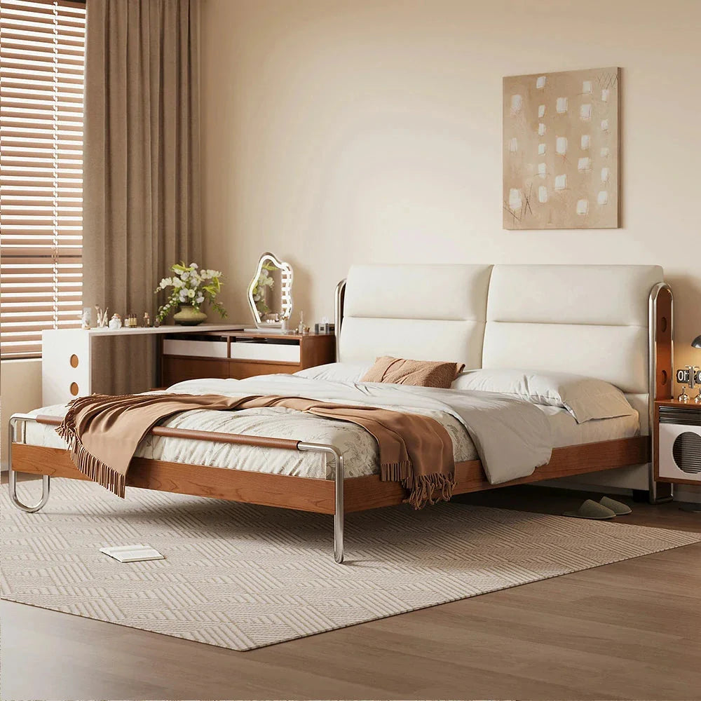 LUXORA 9902 Bed, Accents, Wood Cherry Wingback Larch Cloud 150/180cm Design Stainless - Solid Velvet Wood Steel Frame, Footboard, White