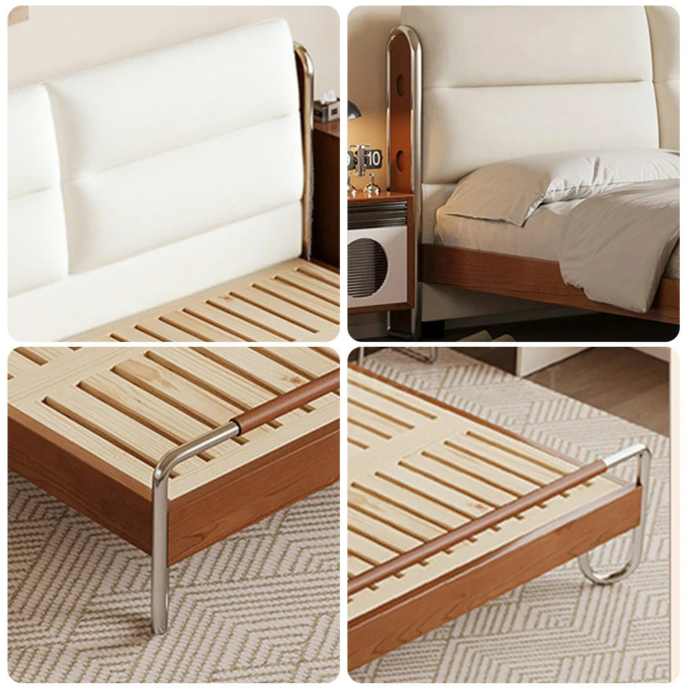 LUXORA 9902 Bed, Accents, Wood Cherry Wingback Larch Cloud 150/180cm Design Stainless - Solid Velvet Wood Steel Frame, Footboard, White