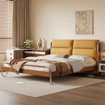 LUXORA 9902 Solid Larch Bed, Frame, Accents, Steel - Wood Wood 150/180cm Wingback Stainless Design Velvet Footboard, Cloud Cherry Yellow