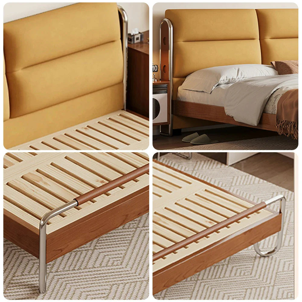 LUXORA 9902 Solid Larch Bed, Frame, Accents, Steel - Wood Wood 150/180cm Wingback Stainless Design Velvet Footboard, Cloud Cherry Yellow