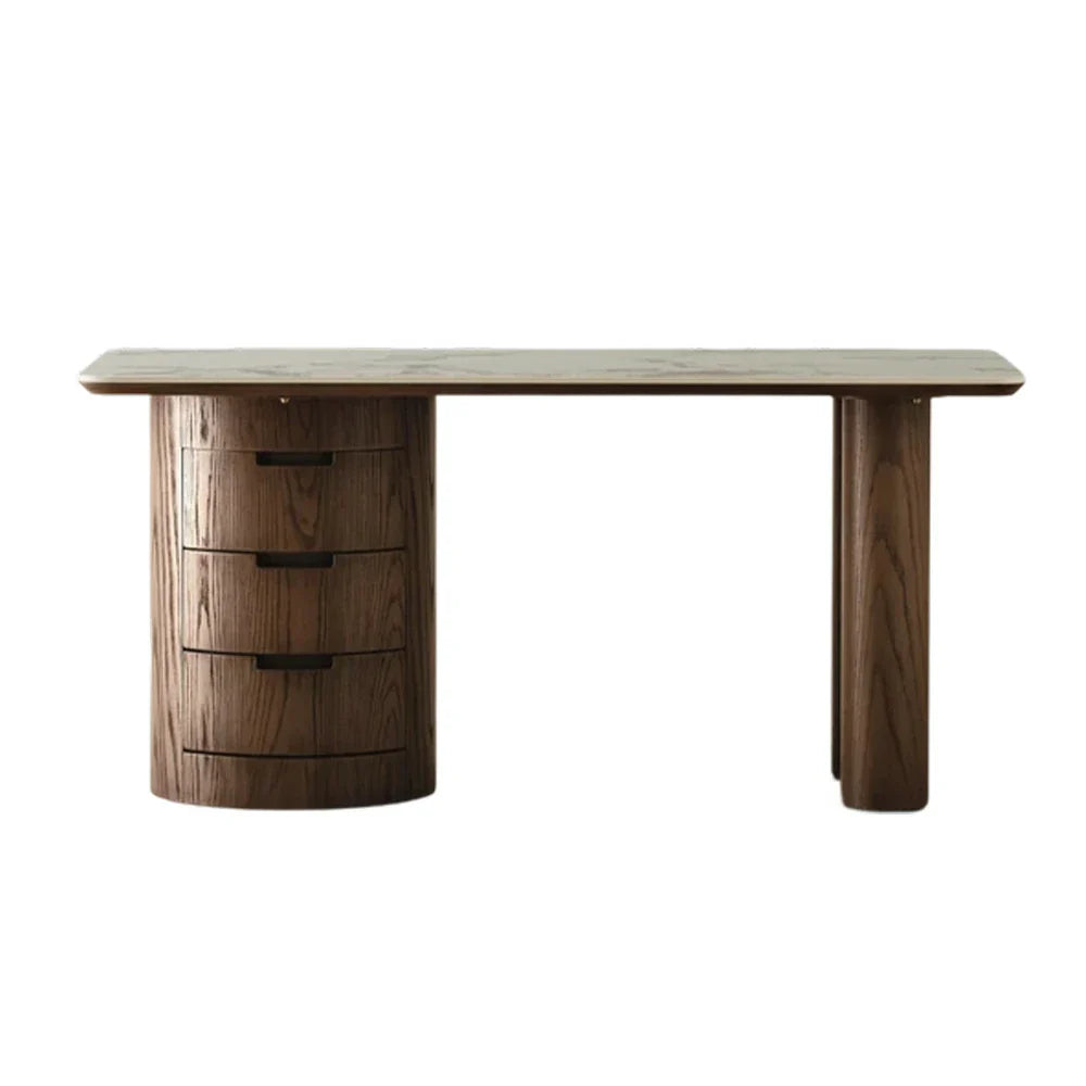 LUXORA 140/160cm Modern Minimalist Desk - Sintered Stone Top, Wooden Legs, Hidden Storage, Ideal Home Office Setup - Brown