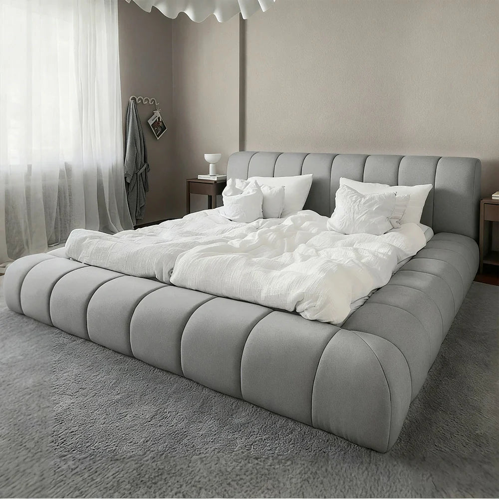 LUXORA Upholstered High-Density 150/180cm, Frame Blend, Frame Reinforced Cotton-Linen Water-Resistant, Sponge Headboard, - Bed Steel Grey