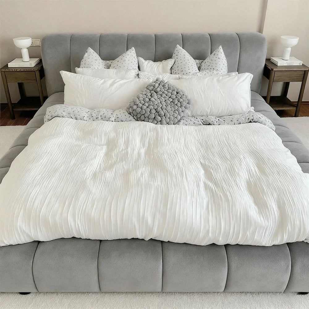 LUXORA Upholstered High-Density 150/180cm, Frame Blend, Frame Reinforced Cotton-Linen Water-Resistant, Sponge Headboard, - Bed Steel Grey