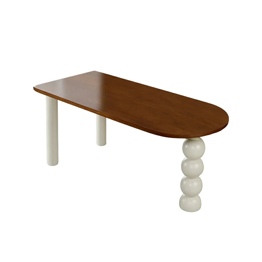 LUXORA 140/160cm Single Solid Wood Dining Table - French Cream Style Semi-Oval Edge Design Space-Saving Table for Dining & Work Spaces - Walnut & Cream