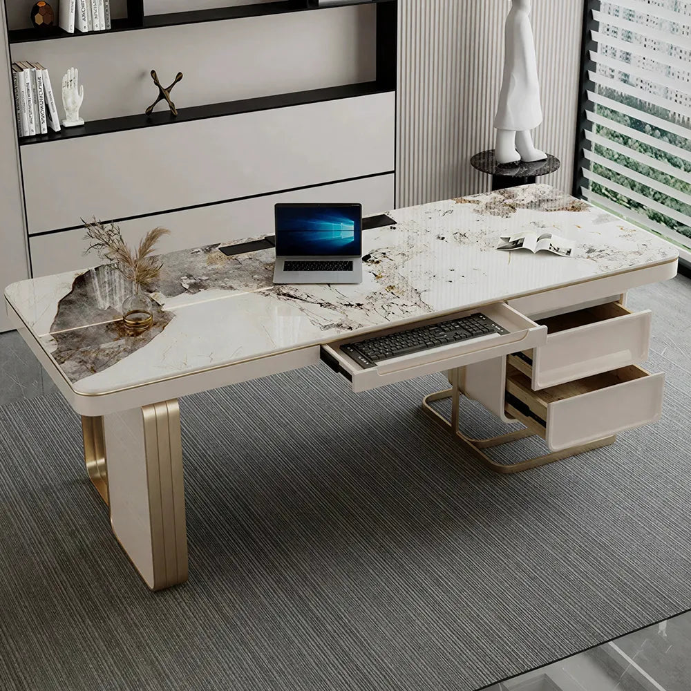 LUXORA Modern Desk with Bookshelf E1 Board Stone Slab USB Storage 140/160cm for Study Home Office Bedroom