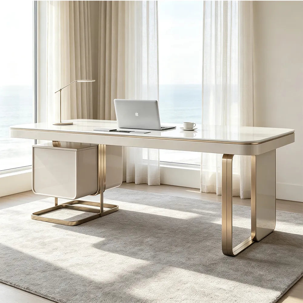 LUXORA Modern Desk with Bookshelf E1 Board Stone Slab USB Storage 140/160cm for Study Home Office Bedroom