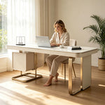LUXORA Modern Desk with Bookshelf E1 Board Stone Slab USB Storage 140/160cm for Study Home Office Bedroom