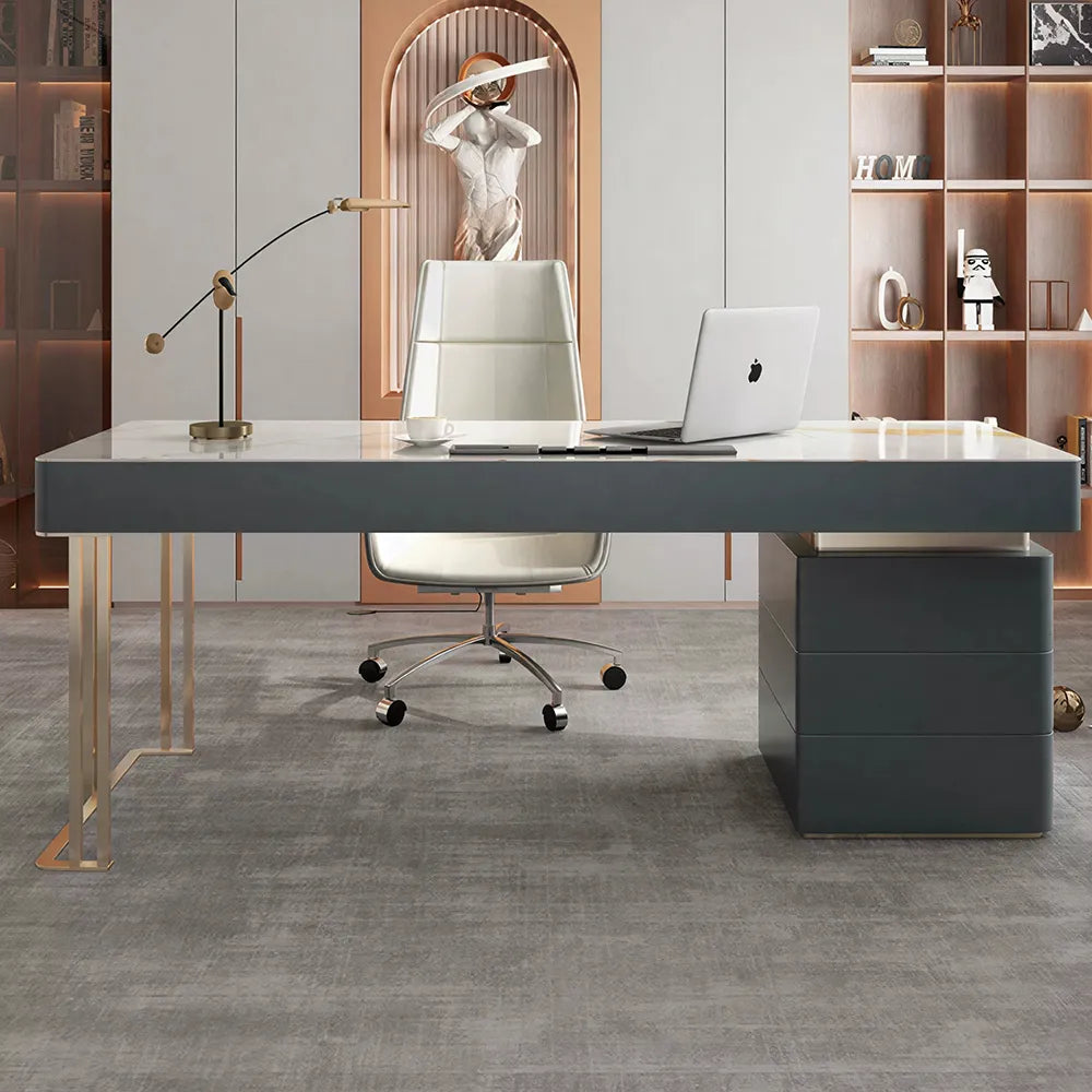 LUXORA Modern Luxury Desk Italian Sintered Stone Titanium Steel Storage 140/160cm for Study Home Office - Black