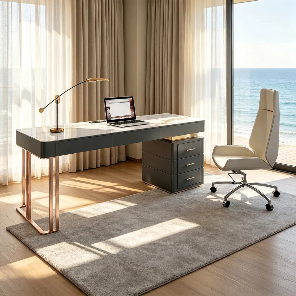LUXORA Modern Luxury Desk Italian Sintered Stone Titanium Steel Storage 140/160cm for Study Home Office - Black