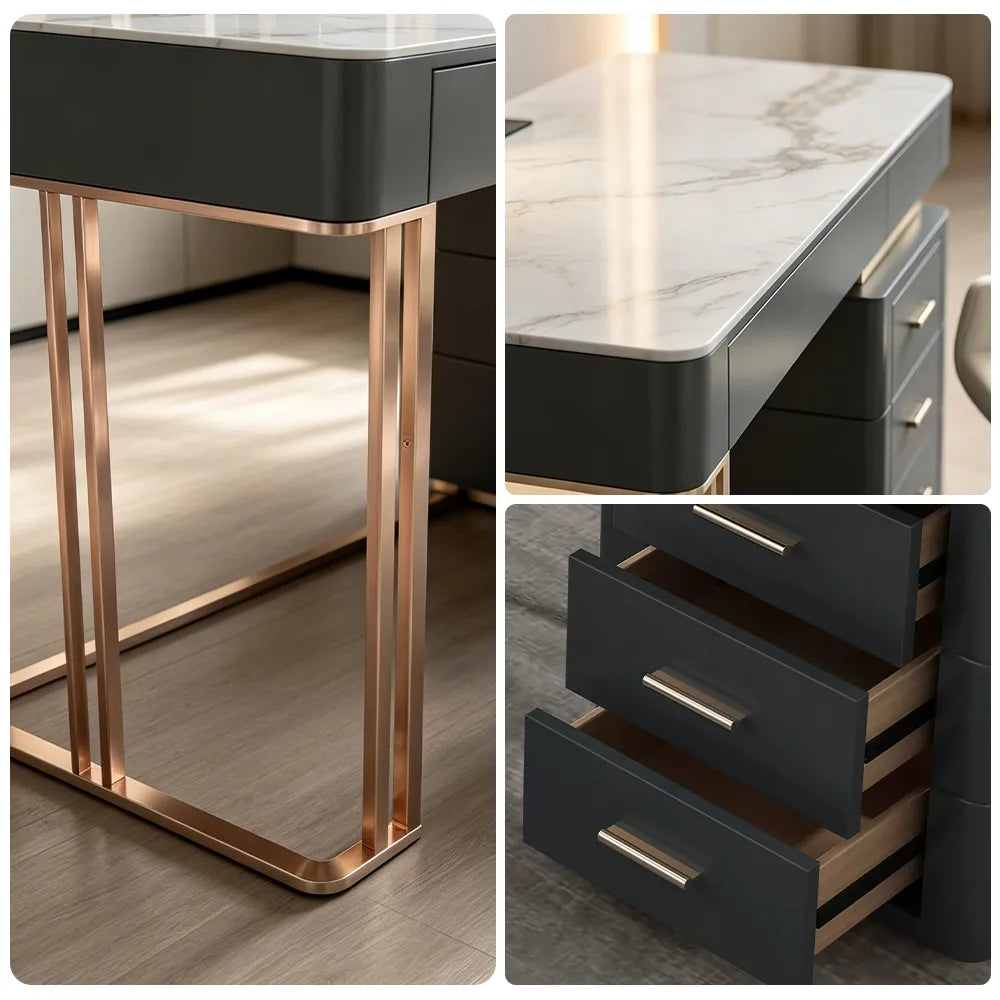 LUXORA Modern Luxury Desk Italian Sintered Stone Titanium Steel Storage 140/160cm for Study Home Office - Black