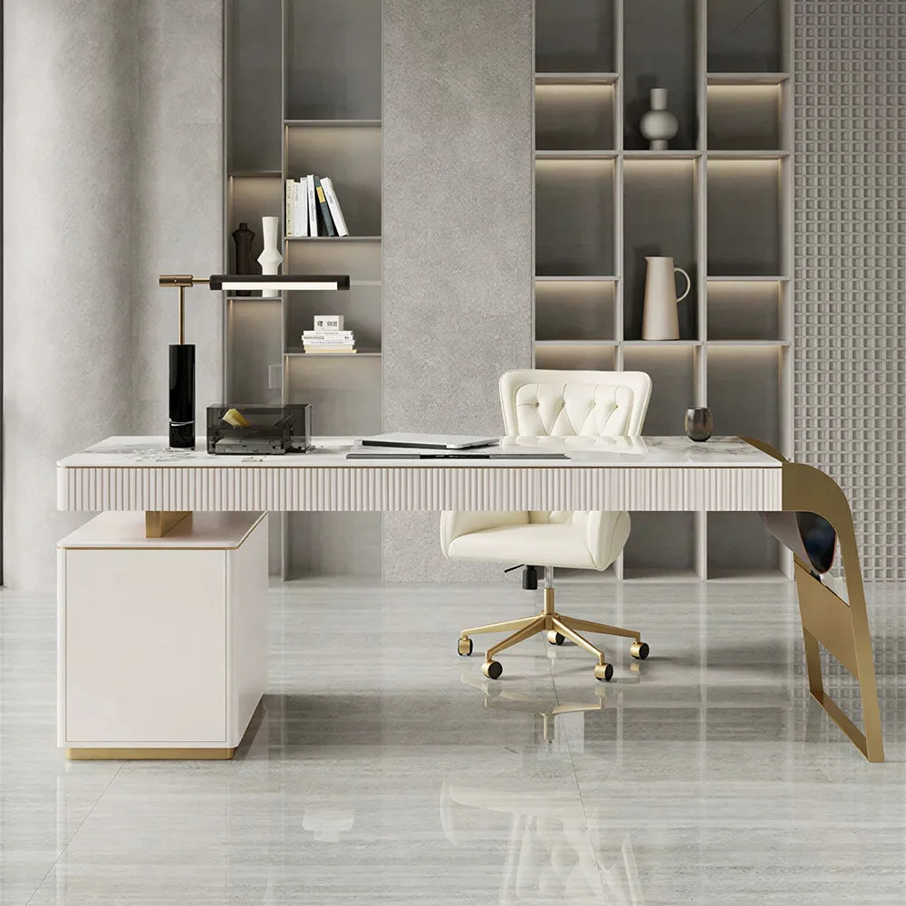 LUXORA Italian Sintered Stone Desk Solid Wood Drawers Power Outlet 140/160cm for Study Home Office Bedroom