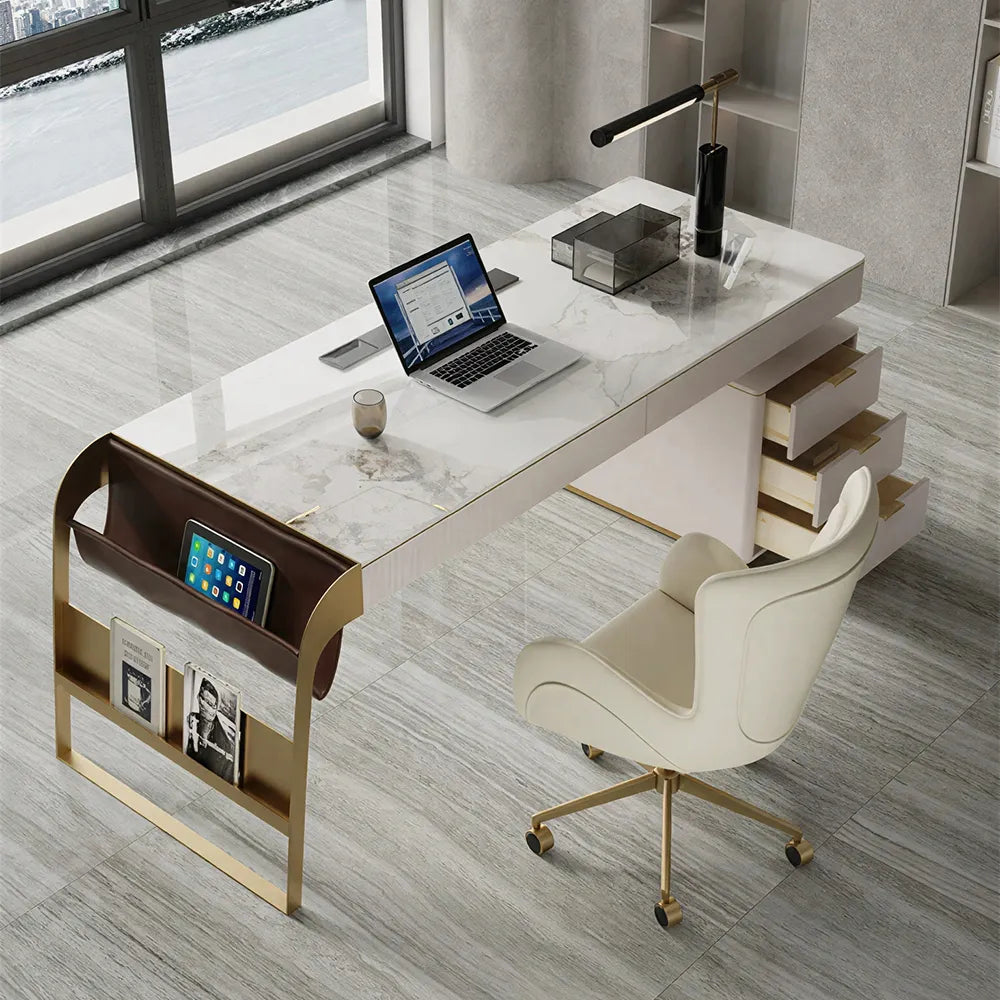 LUXORA Italian Sintered Stone Desk Solid Wood Drawers Power Outlet 140/160cm for Study Home Office Bedroom