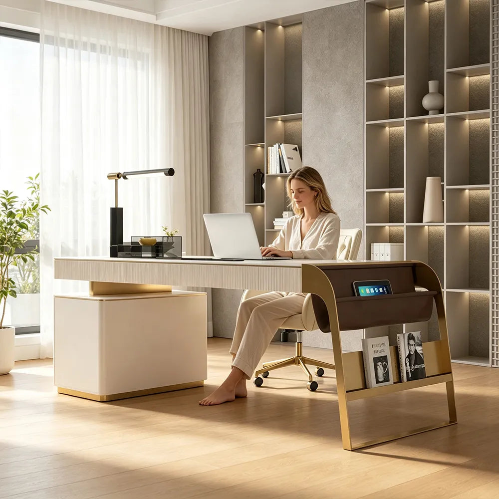 LUXORA Italian Sintered Stone Desk Solid Wood Drawers Power Outlet 140/160cm for Study Home Office Bedroom
