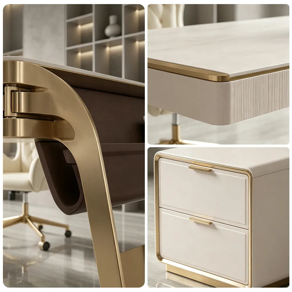LUXORA Italian Sintered Stone Desk Solid Wood Drawers Power Outlet 140/160cm for Study Home Office Bedroom