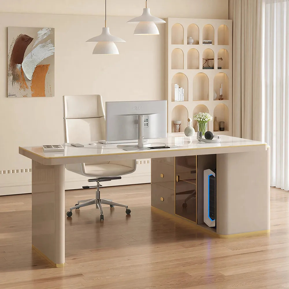 LUXORA French Cream Sintered Stone Desk 4C Piano Lacquer Storage 140/160cm for Bedroom Study Home Office