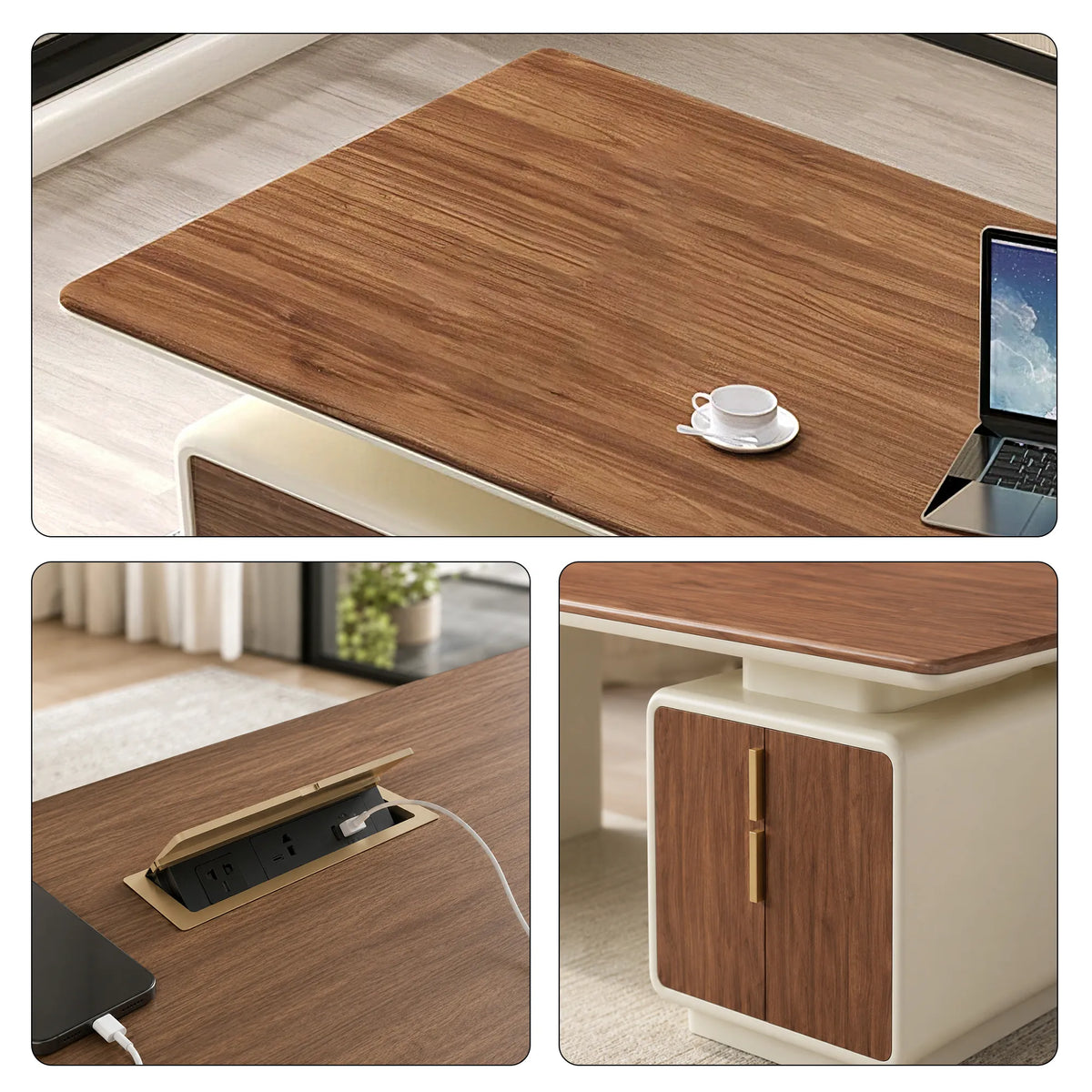LUXORA Luxury Entryway Cabinet Walnut Finish Built-In USB Power Outlet Storage 140/160cm for Hallway Study Living Room