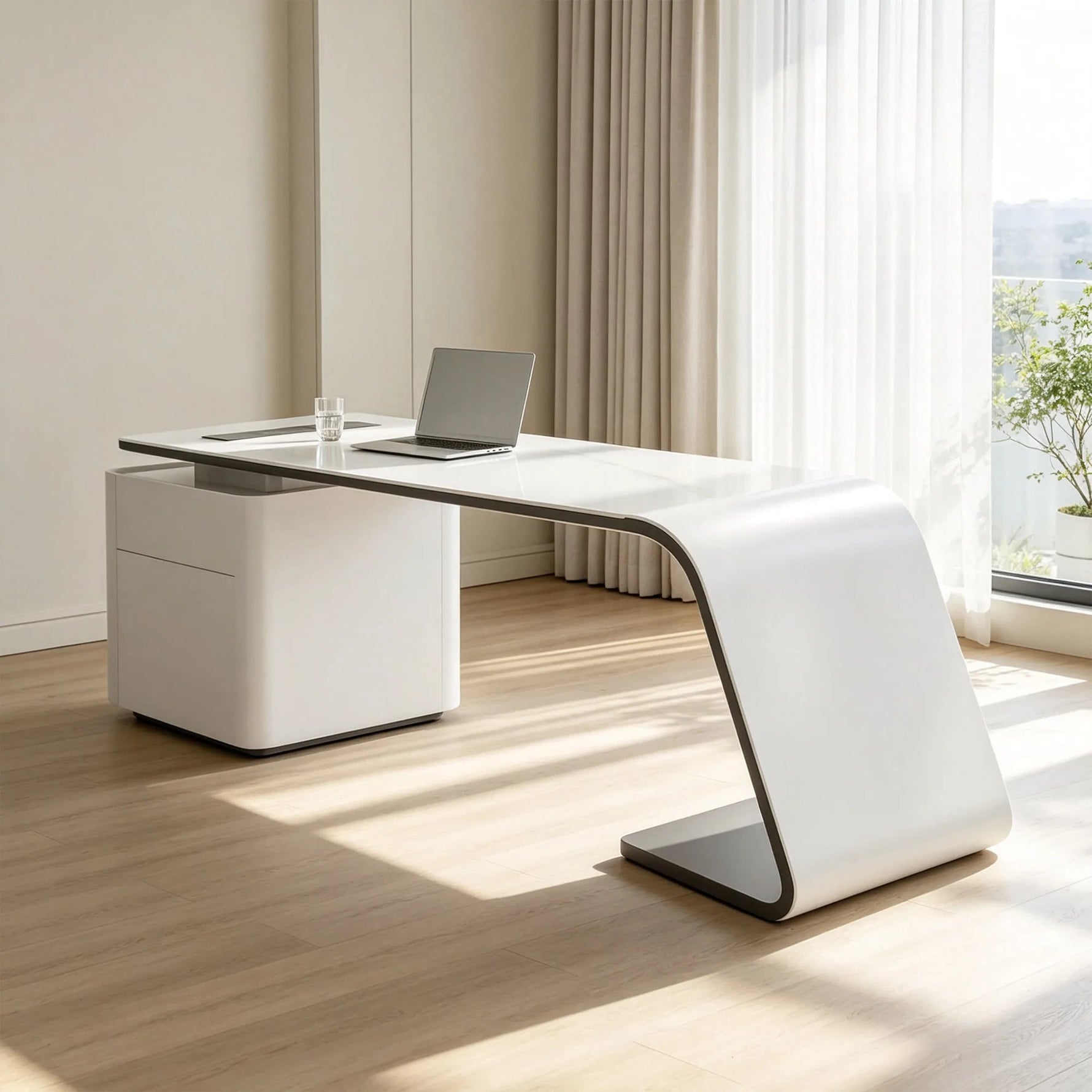 LUXORA Minimalist Luxury Desk Curved Legs Built-In Power Outlet 140/160cm for Study Bedroom Home Office