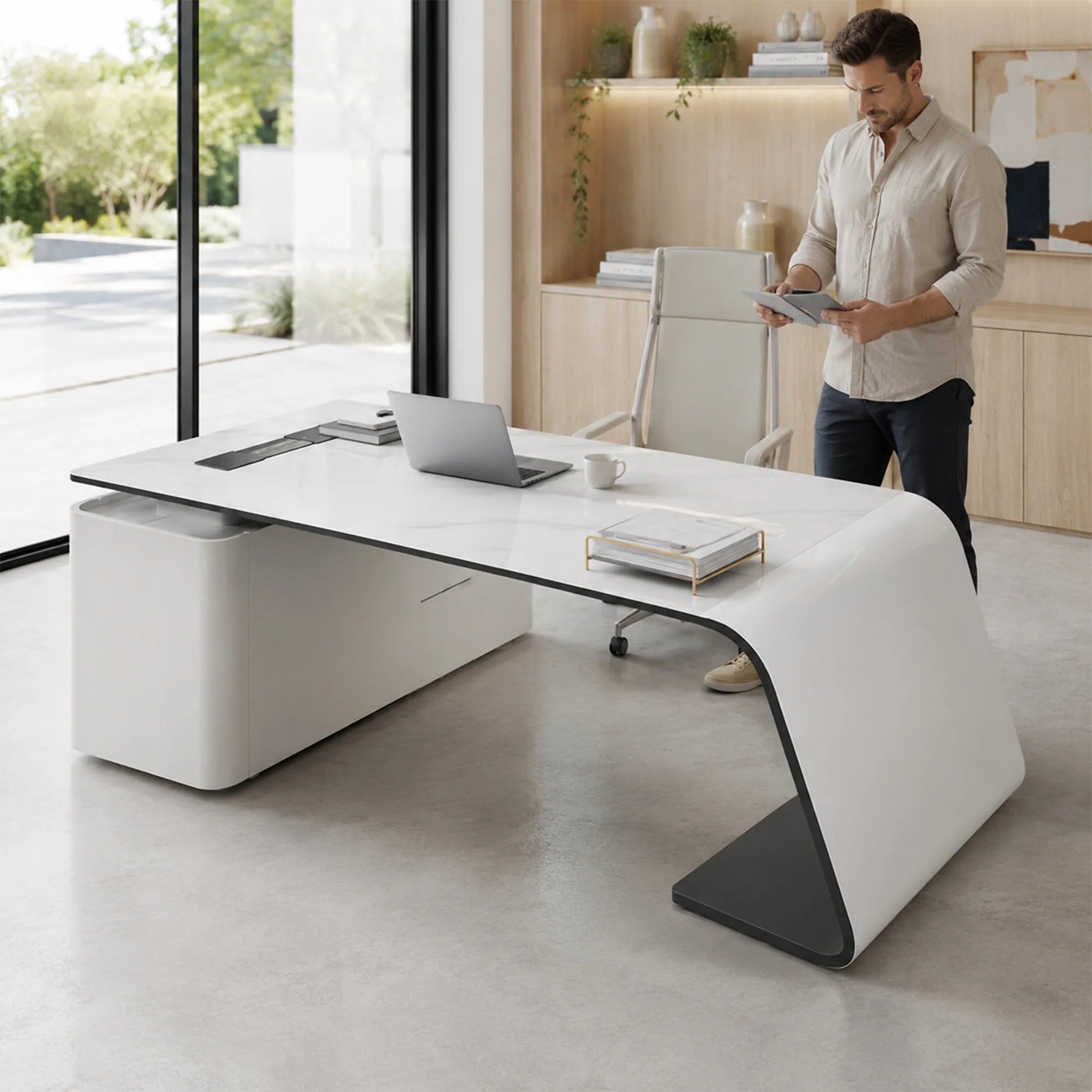 LUXORA Modern Home Office Desk Multi-Layer Wood Rounded Edges Power Outlet 140/160cm for Study Open Workspace