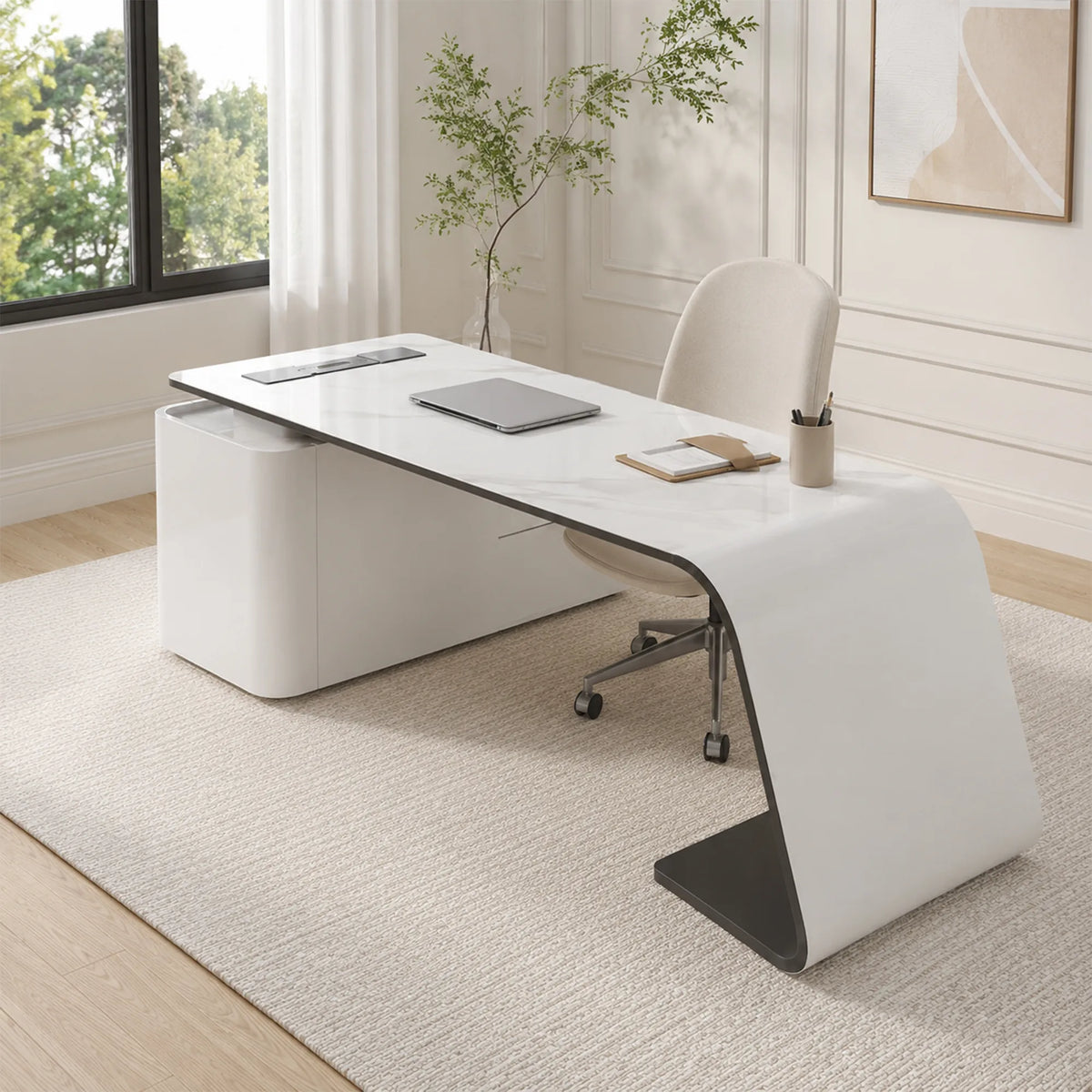 LUXORA Modern Home Office Desk Multi-Layer Wood Rounded Edges Power Outlet 140/160cm for Study Open Workspace