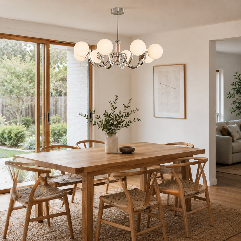 LUXORA Mid-Century 8 Light Globe Chandelier with Curved Arms for Living Room Dining Room - Chrome & White