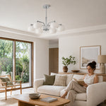 LUXORA Mid-Century 5 Light Chandelier with Ribbed Glass Globe Shades for Living Room Dining Room - Chrome & White