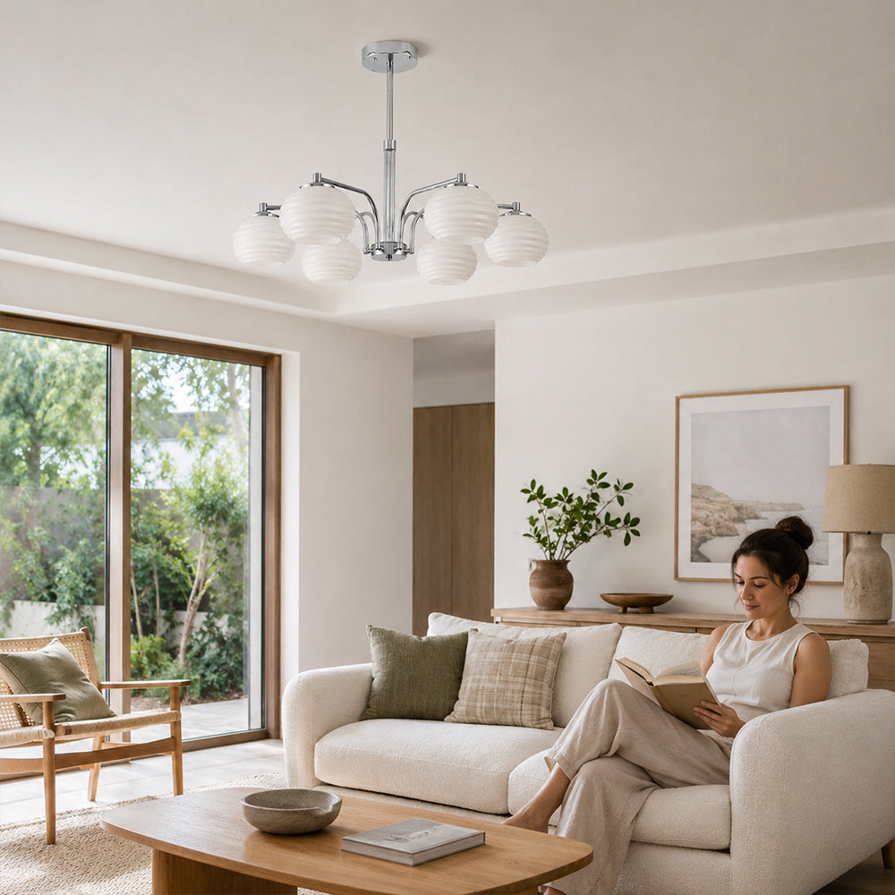 LUXORA Mid-Century 5 Light Chandelier with Ribbed Glass Globe Shades for Living Room Dining Room - Chrome & White