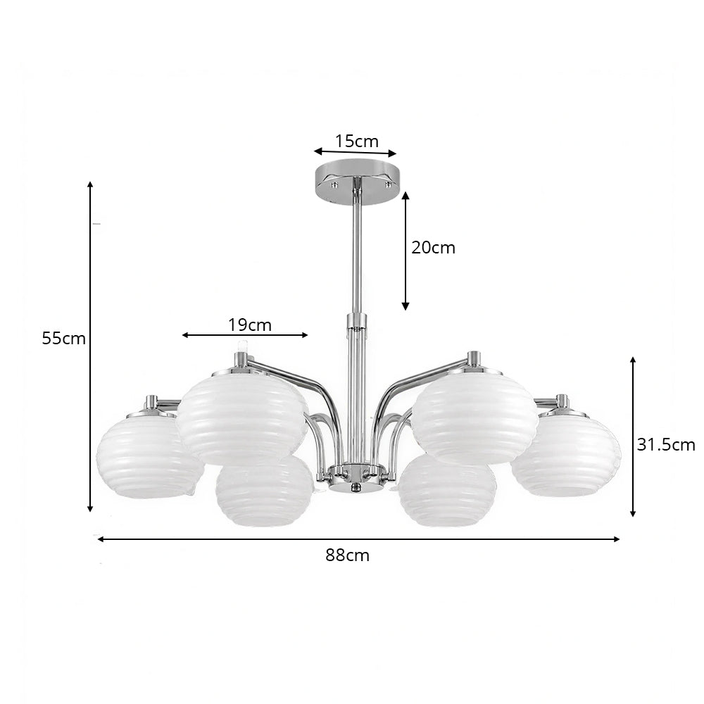 LUXORA Mid-Century 5 Light Chandelier with Ribbed Glass Globe Shades for Living Room Dining Room - Chrome & White