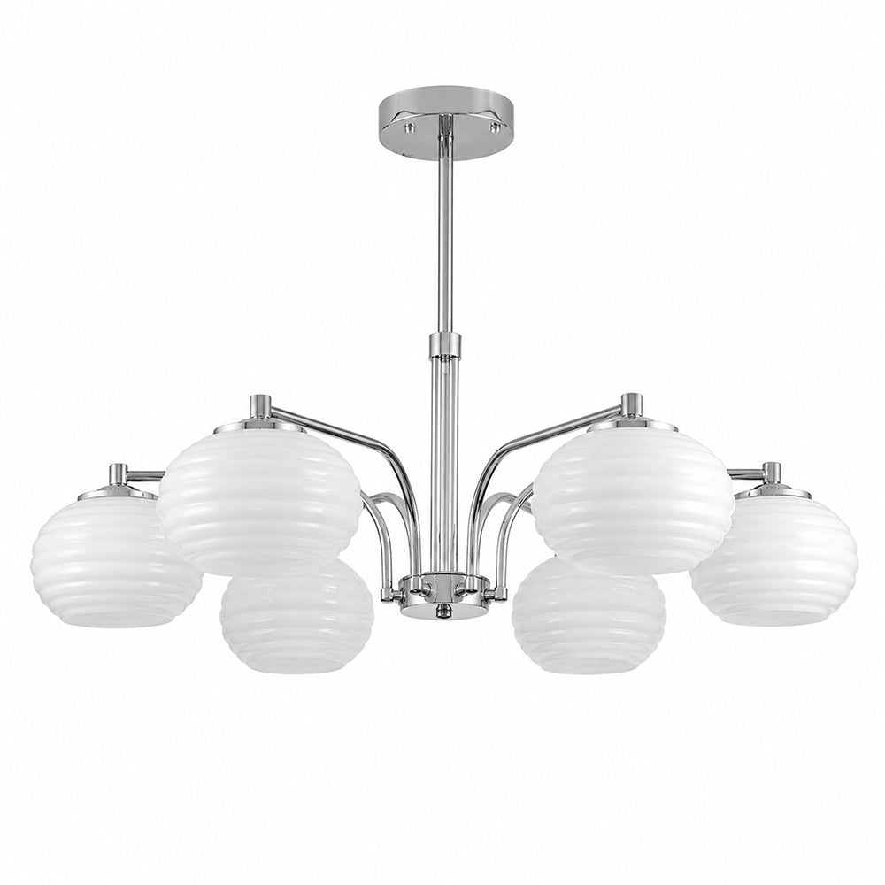 LUXORA Mid-Century 5 Light Chandelier with Ribbed Glass Globe Shades for Living Room Dining Room - Chrome & White