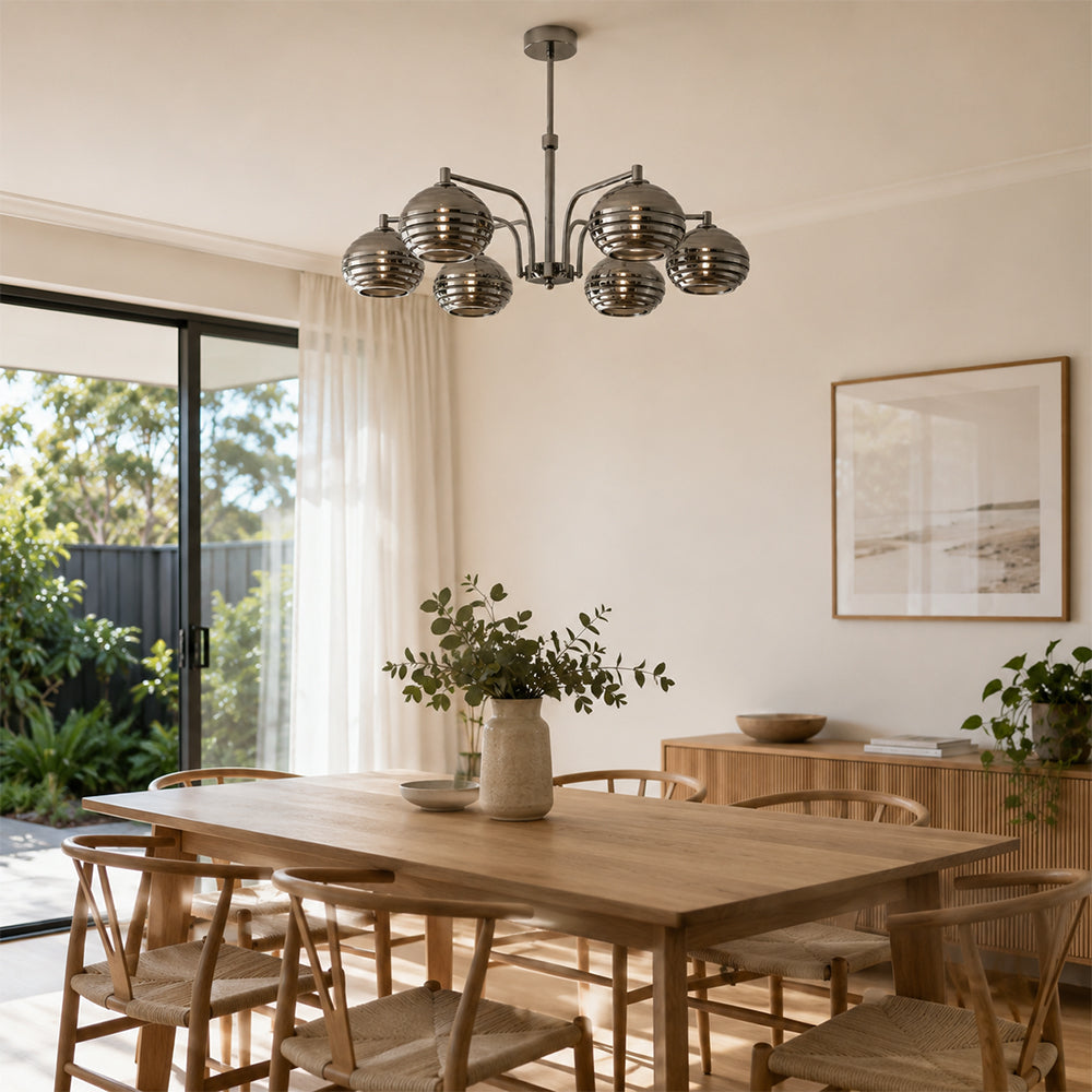 LUXORA Mid-Century 5 Light Chandelier with Ribbed Glass Globe Shades for Living Room Dining Room - Grey