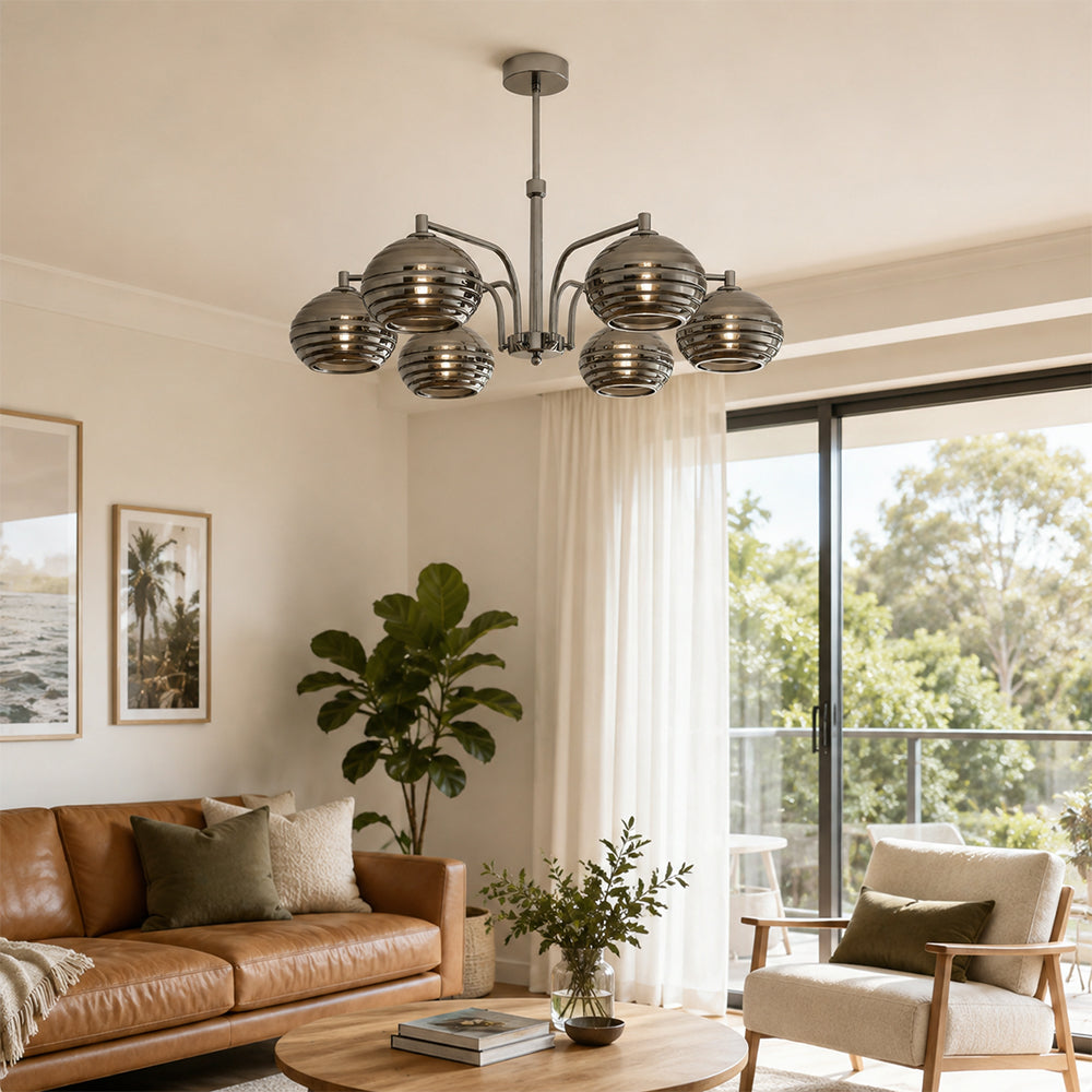 LUXORA Mid-Century 5 Light Chandelier with Ribbed Glass Globe Shades for Living Room Dining Room - Grey