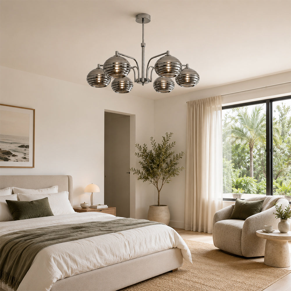 LUXORA Mid-Century 5 Light Chandelier with Ribbed Glass Globe Shades for Living Room Dining Room - Grey