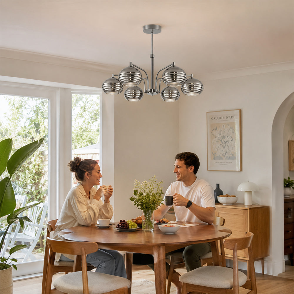 LUXORA Mid-Century 5 Light Chandelier with Ribbed Glass Globe Shades for Living Room Dining Room - Grey