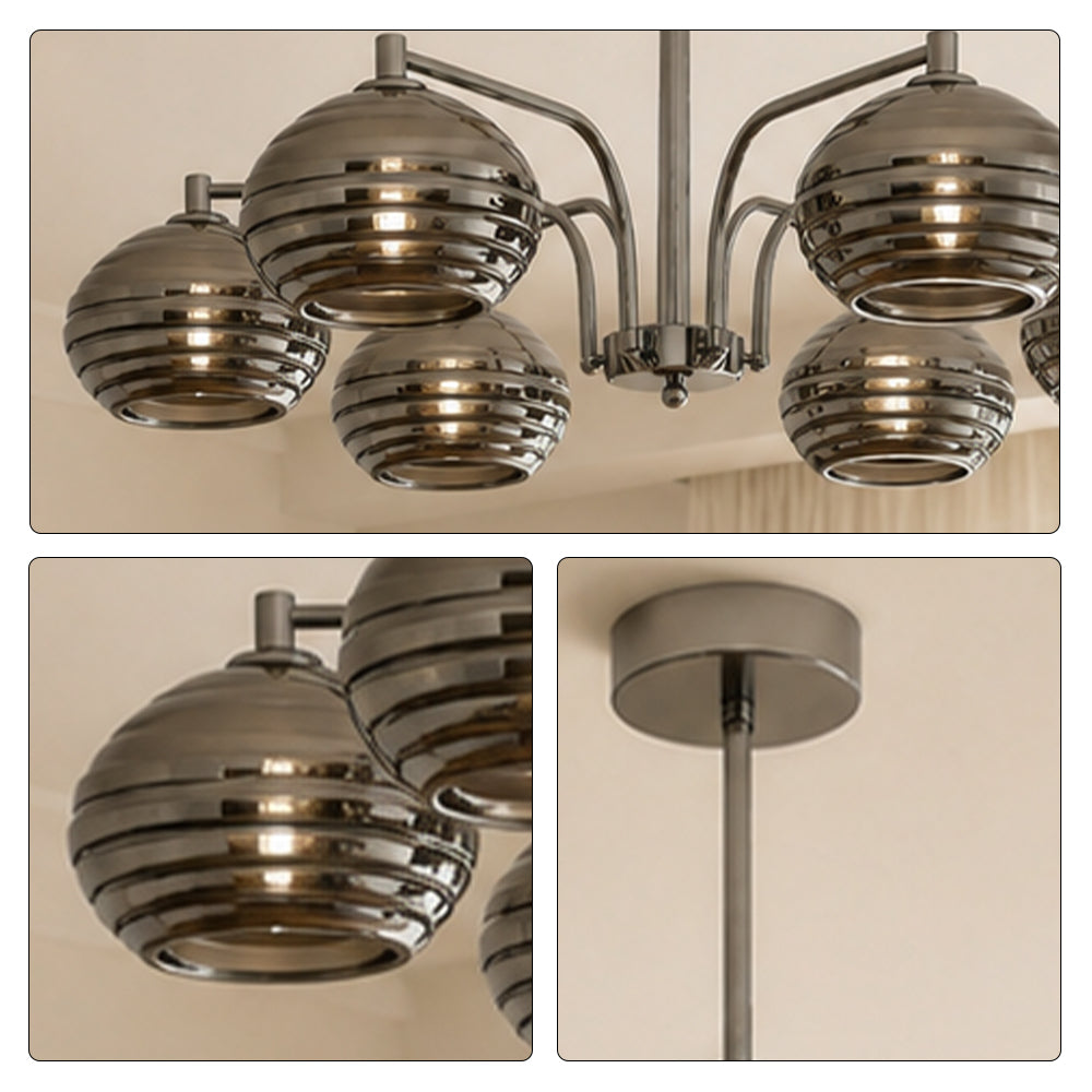 LUXORA Mid-Century 5 Light Chandelier with Ribbed Glass Globe Shades for Living Room Dining Room - Grey