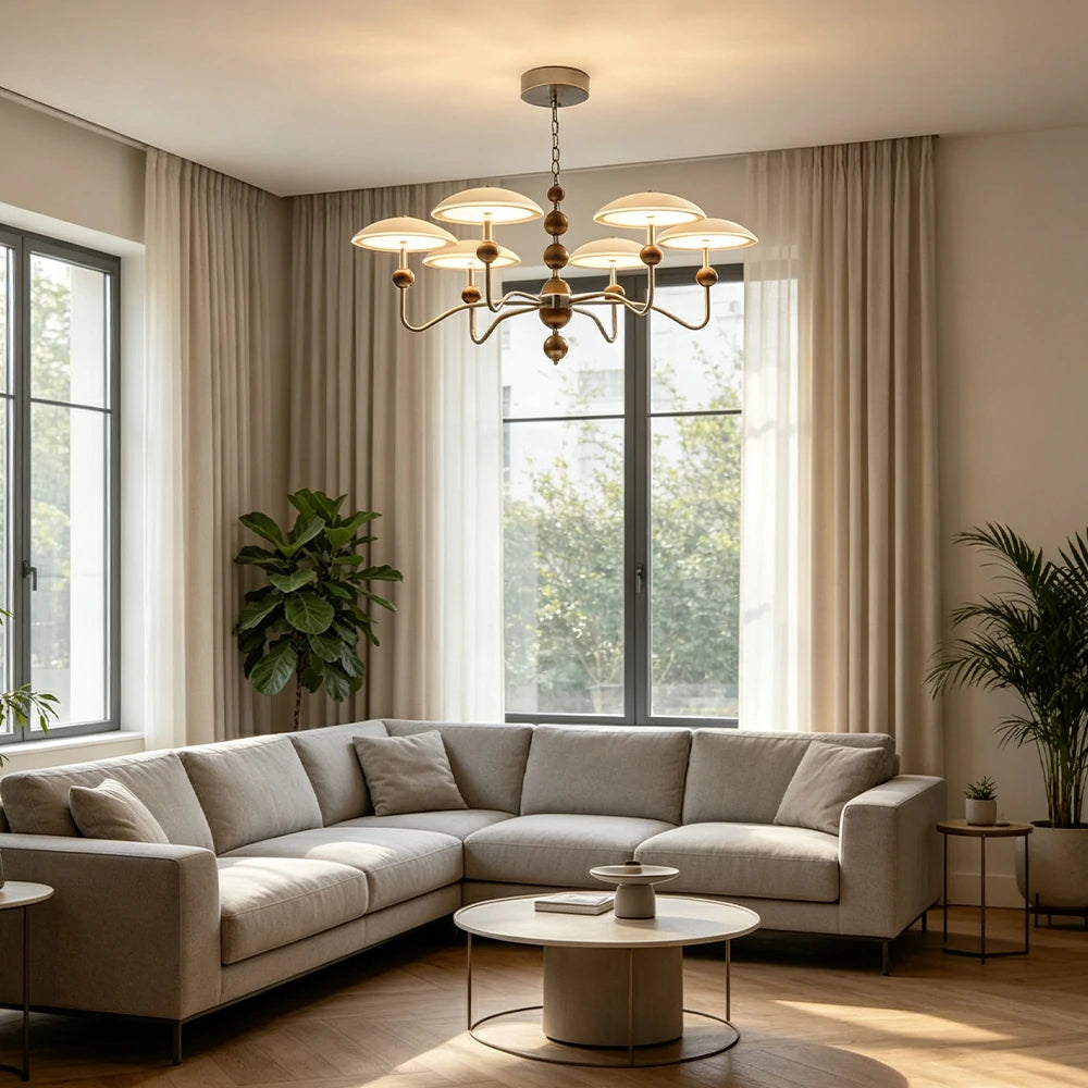 LUXORA  Mid-Century 6 Light Chandelier with Dome Shades and Wood Accents for Living Room Dining Room - Chrome & Cream