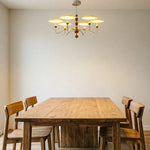 LUXORA  Mid-Century 6 Light Chandelier with Dome Shades and Wood Accents for Living Room Dining Room - Chrome & Cream