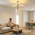 LUXORA  Mid-Century 6 Light Chandelier with Dome Shades and Wood Accents for Living Room Dining Room - Chrome & Cream