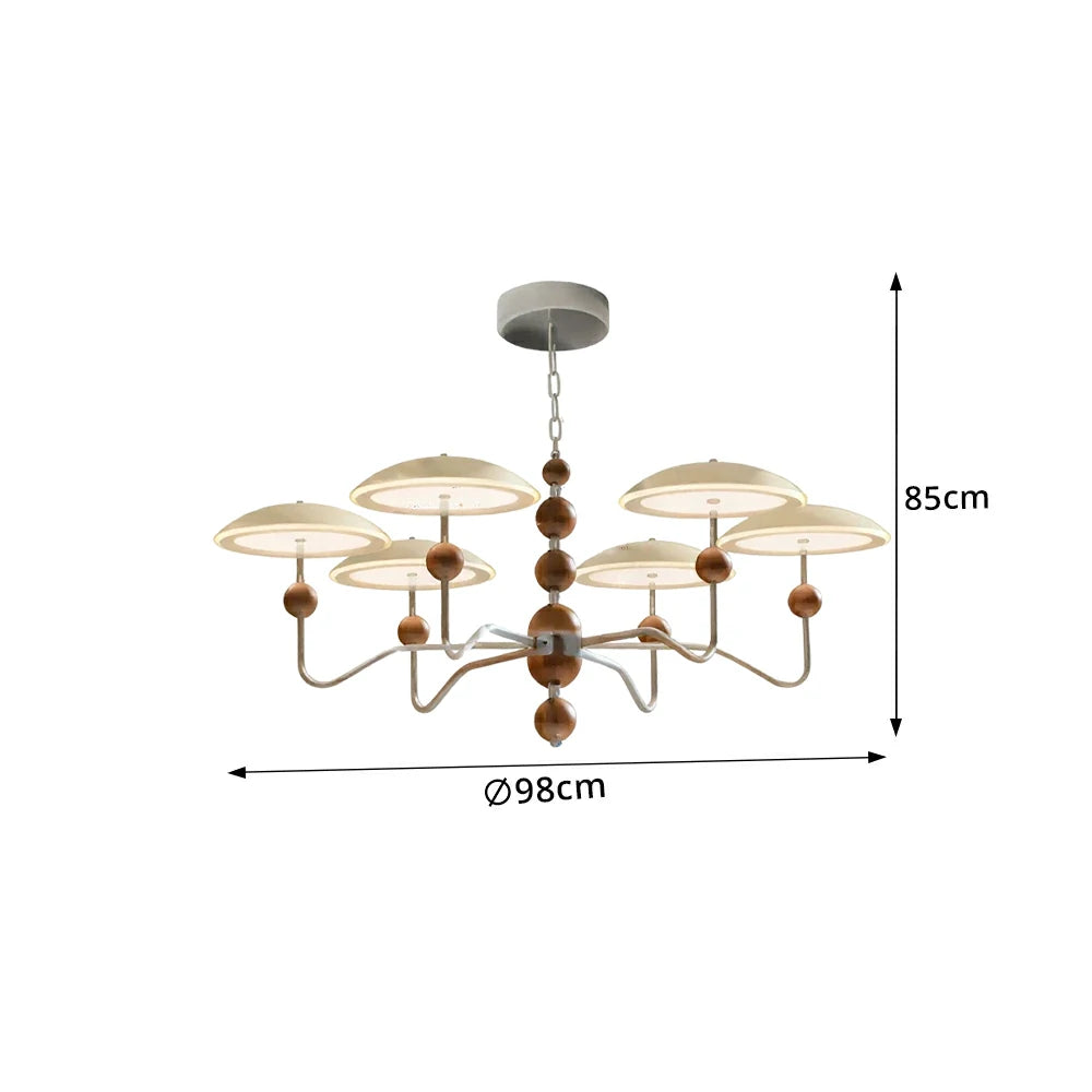 LUXORA  Mid-Century 6 Light Chandelier with Dome Shades and Wood Accents for Living Room Dining Room - Chrome & Cream