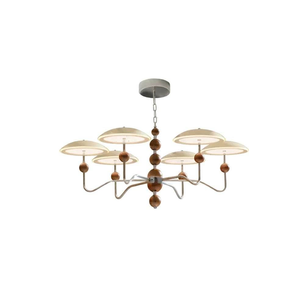 LUXORA  Mid-Century 6 Light Chandelier with Dome Shades and Wood Accents for Living Room Dining Room - Chrome & Cream