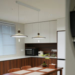 LUXORA Mid-Century Pendant Light with Saucer Shade and Wood Accent for Dining Room Kitchen Island - White & Walnut