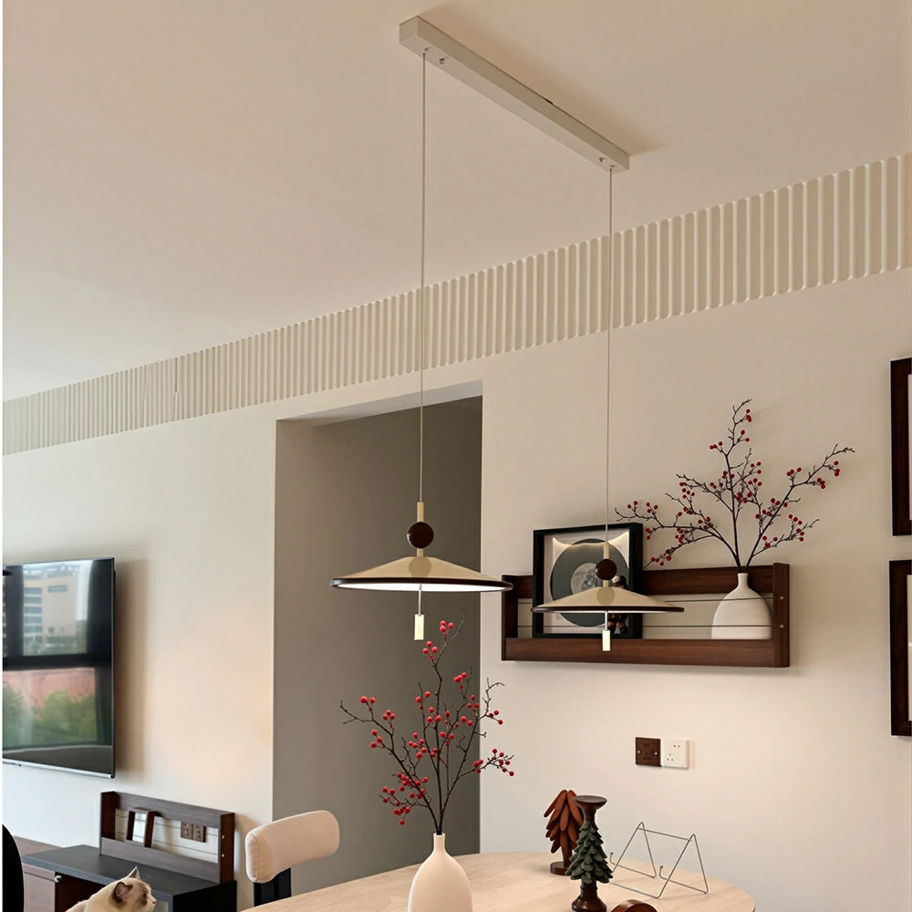 LUXORA Mid-Century Pendant Light with Saucer Shade and Wood Accent for Dining Room Kitchen Island - White & Walnut