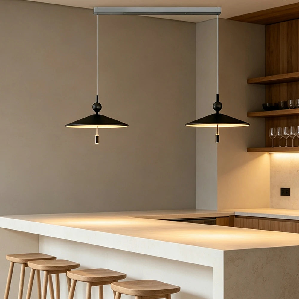 LUXORA Mid-Century Pendant Light with Saucer Shade and Wood Accent for Dining Room Kitchen Island - Black