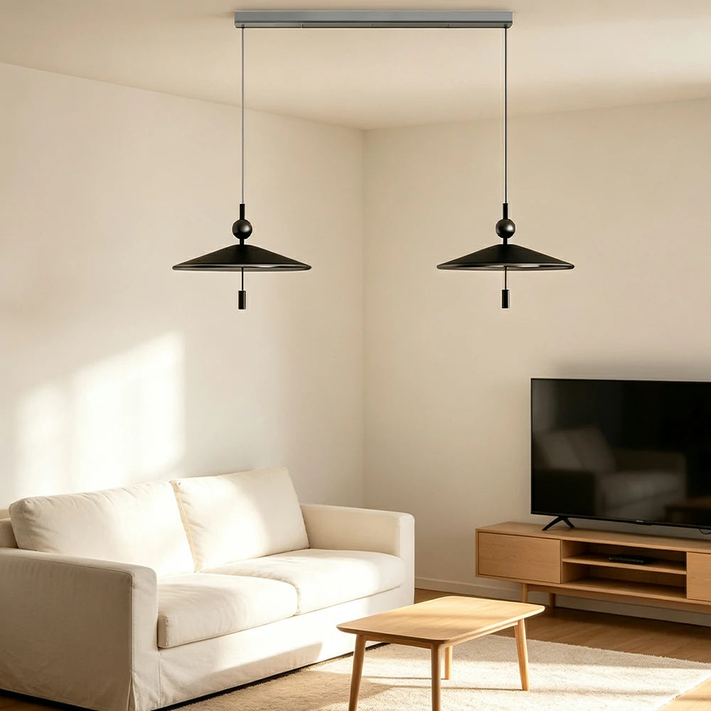 LUXORA Mid-Century Pendant Light with Saucer Shade and Wood Accent for Dining Room Kitchen Island - Black