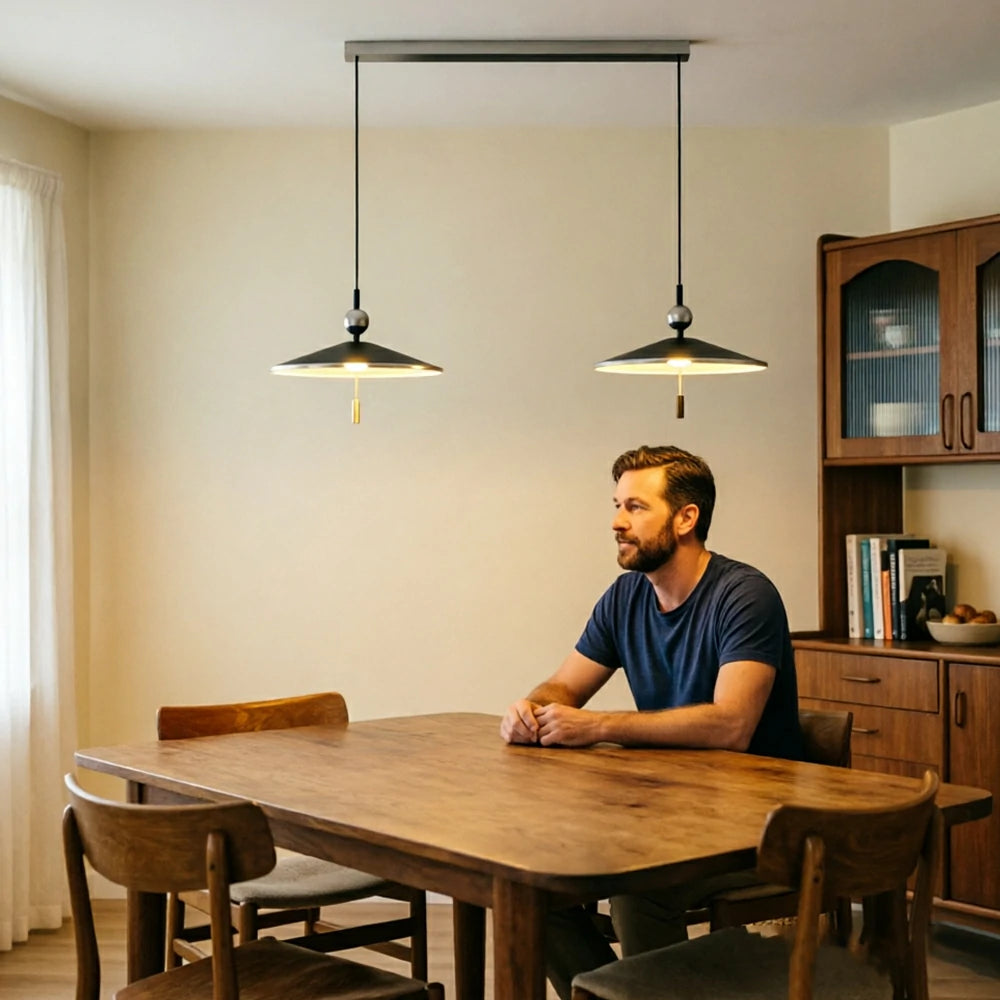 LUXORA Mid-Century Pendant Light with Saucer Shade and Wood Accent for Dining Room Kitchen Island - Black