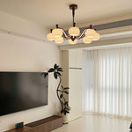 LUXORA Mid-Century 8 Light Globe Chandelier with Curved Arms and Wood Accents for Living Room Dining Room - Walnut & White