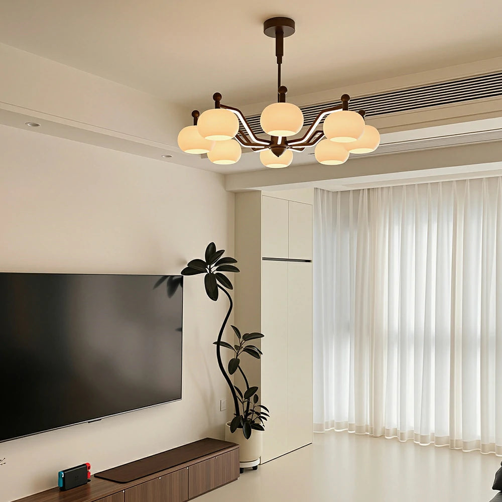 LUXORA Mid-Century 8 Light Globe Chandelier with Curved Arms and Wood Accents for Living Room Dining Room - Walnut & White