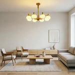 LUXORA Mid-Century 8 Light Globe Chandelier with Curved Arms and Wood Accents for Living Room Dining Room - Walnut & White